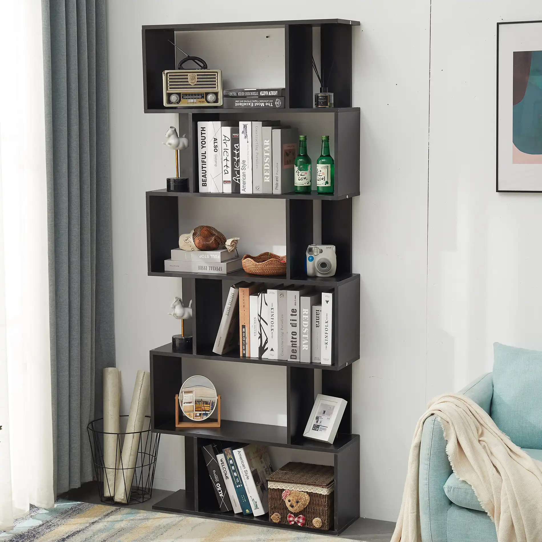 Anemone - Libreria moderna nera con 6 ripiani a scaffale - Image 3