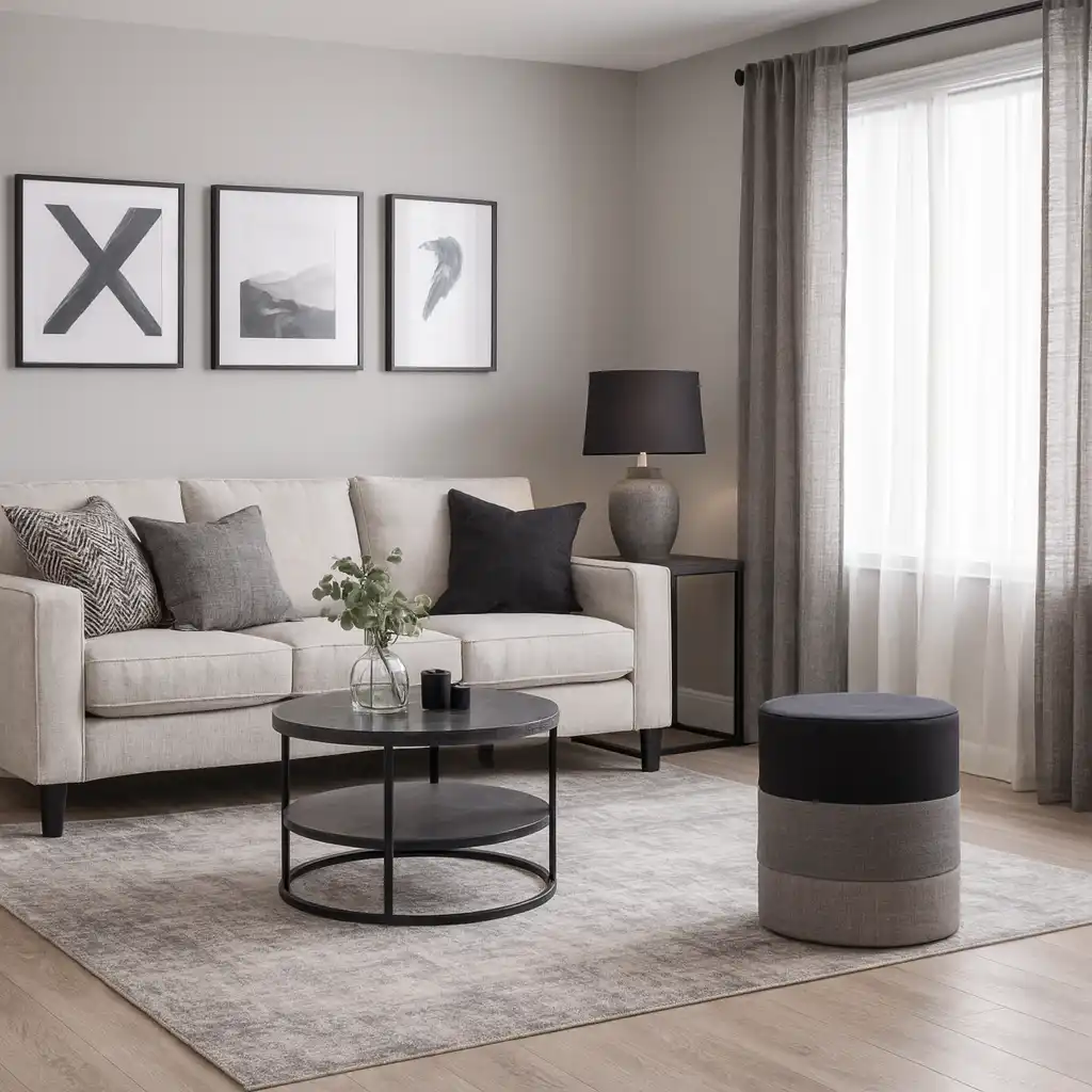 Crassula - Pouf rotondo imbottito a righe nero grigio e beige - Image 2