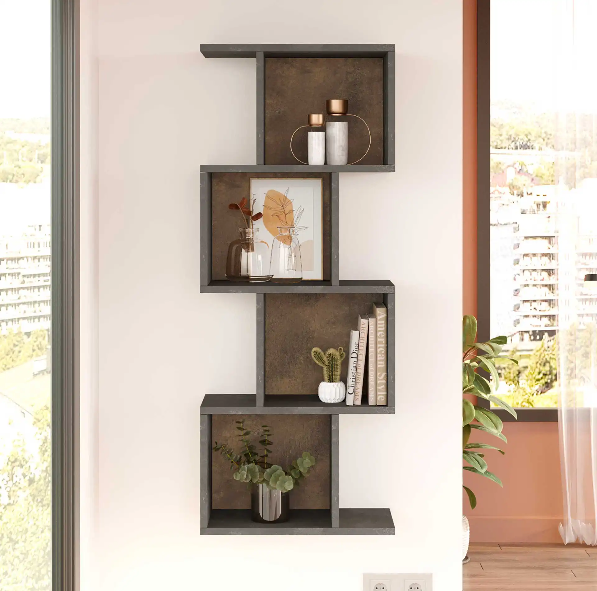 Halleria - Libreria pensile grigio effetto cemento con 4 vani - Image 2