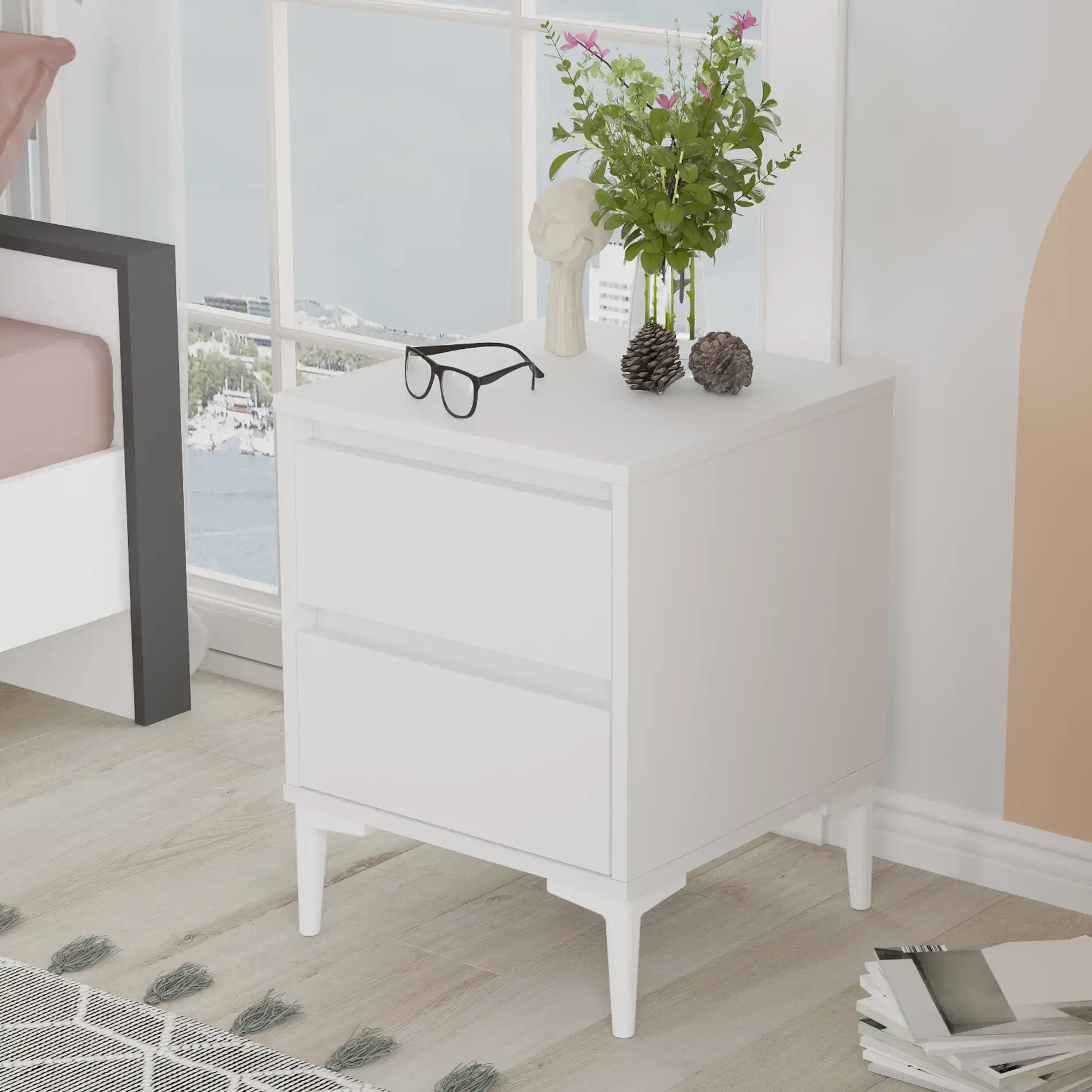 Hayl - Comodino bianco in stile moderno con 2 cassetti - Image 3