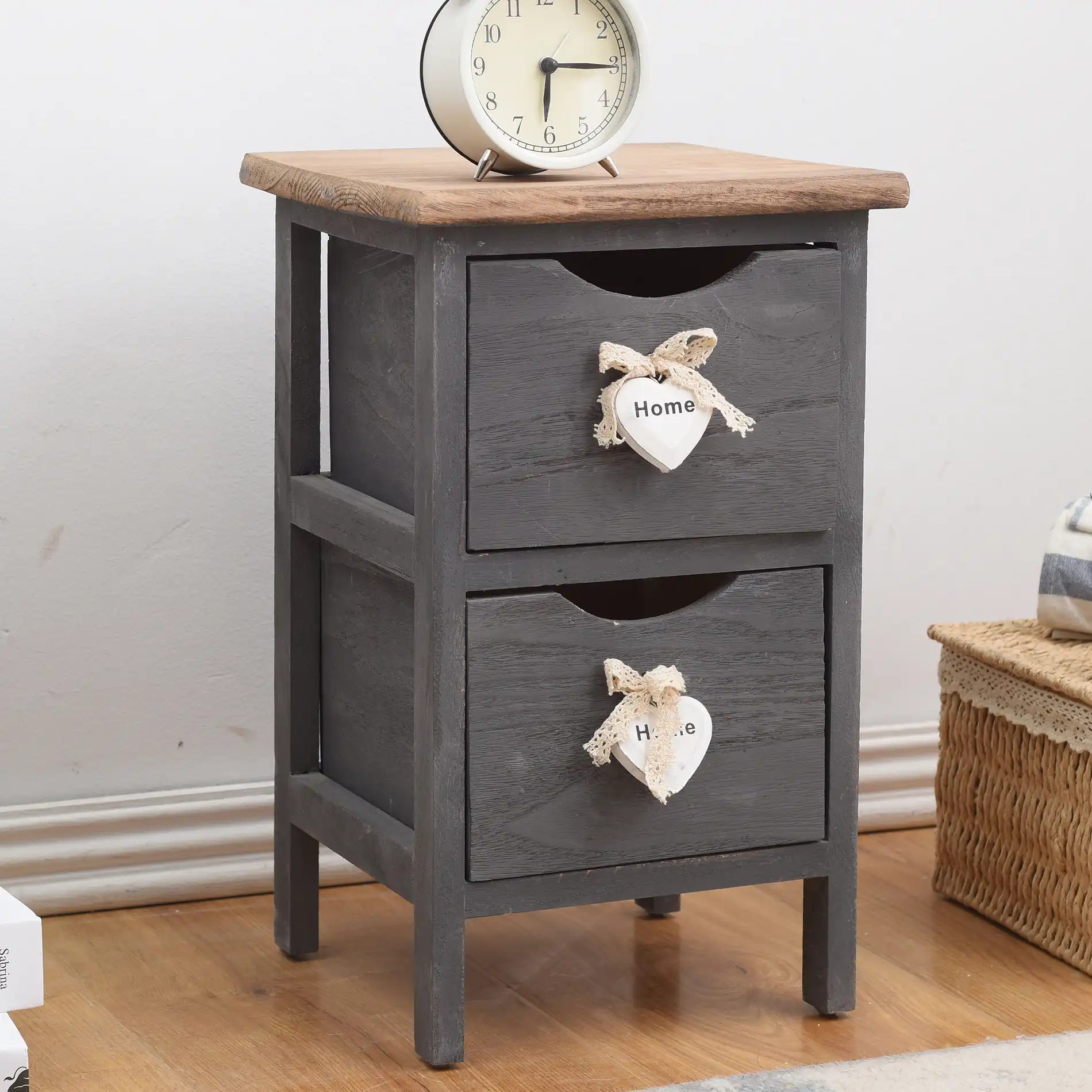 Olmaria - Piccolo comodino shabby grigio con 2 cassetti - Image 3